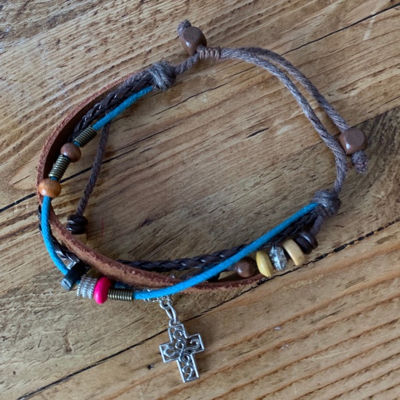 Adjustable Threaded Bracelet with Cross Charm - Picture 2 of 3